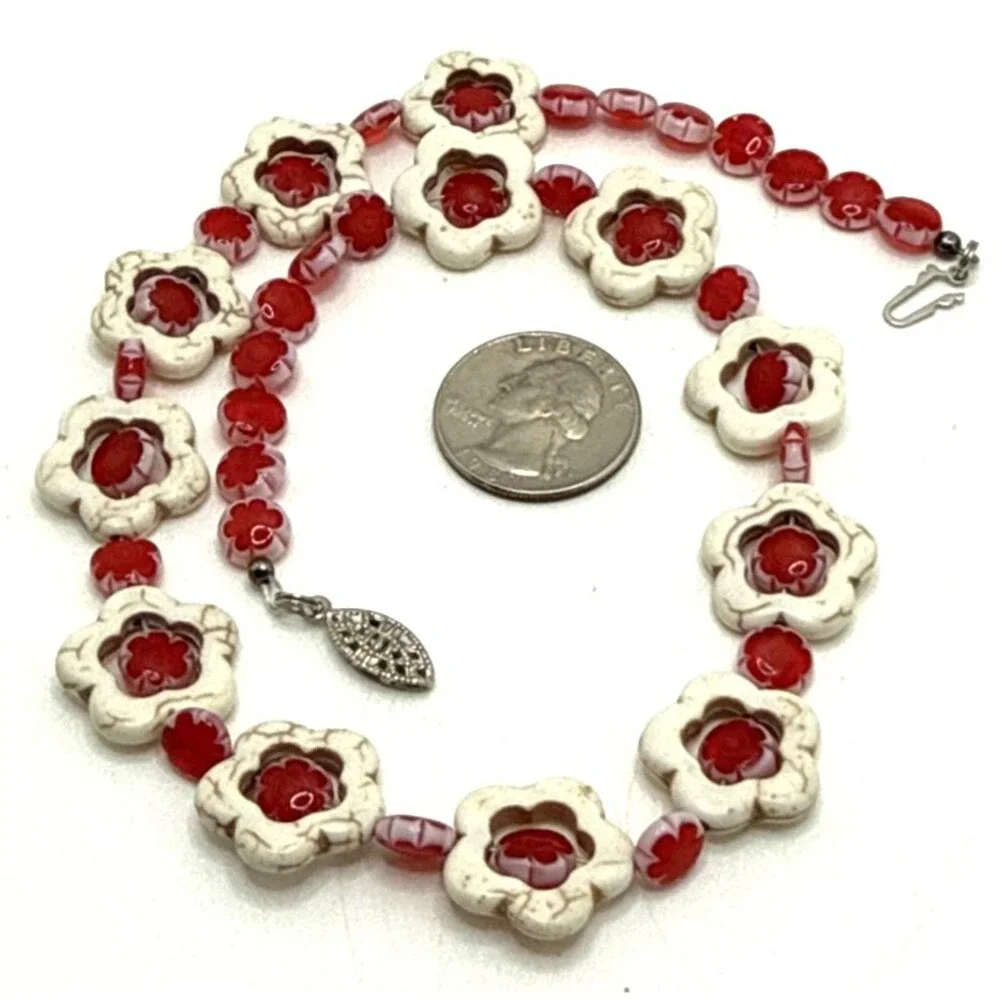 Vintage Millefiori Glass Bead & Howlite Necklace Red White Floral Statement 17.5